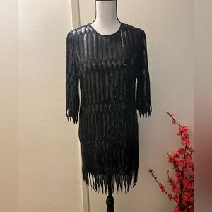 Black Long-Sleeve Beaded Fringe Cocktail Dress